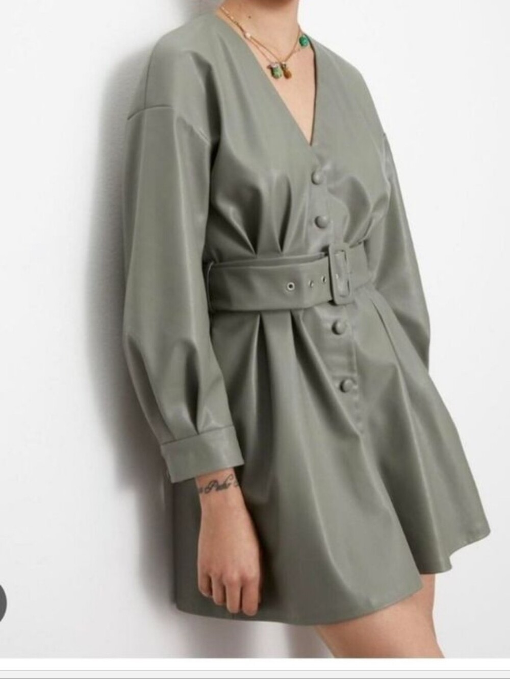 Zara Olive Green Faux Leather V-Neck Belted Mini Dress M